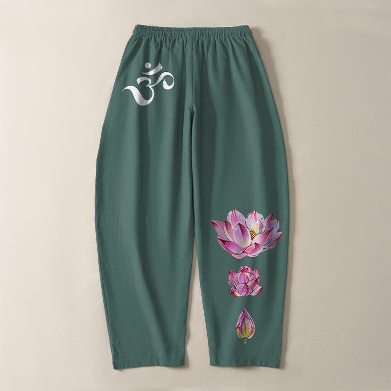 Buddha Stones Reine Baumwolle, rosa Lotus-Om-Muster, Kordelzug, schmal zulaufende Herrenhose mit Taschen - image 10