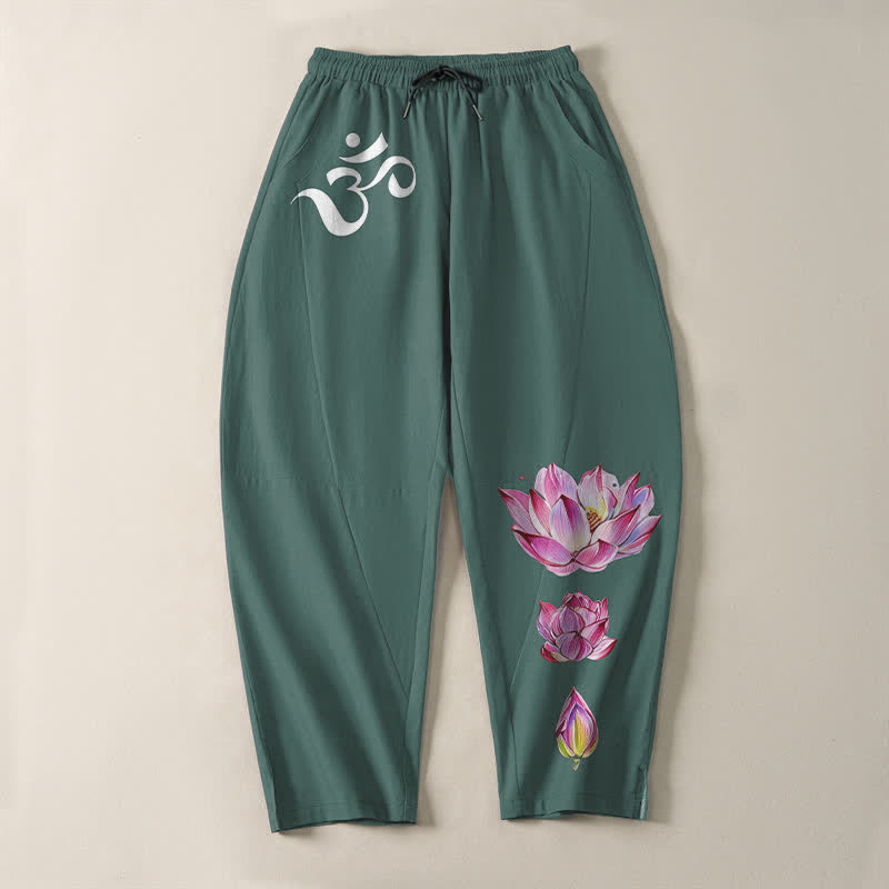 Buddha Stones Reine Baumwolle, rosa Lotus-Om-Muster, Kordelzug, schmal zulaufende Herrenhose mit Taschen - image 9