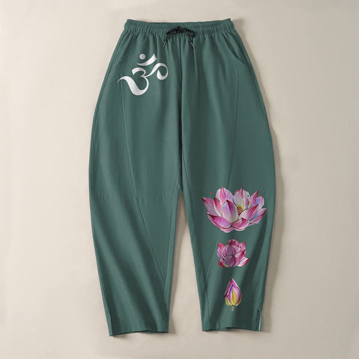 Buddha Stones Reine Baumwolle, rosa Lotus-Om-Muster, Kordelzug, schmal zulaufende Herrenhose mit Taschen - image 9
