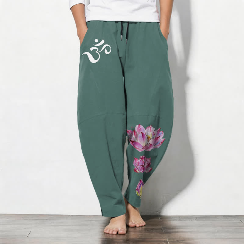 Buddha Stones Reine Baumwolle, rosa Lotus-Om-Muster, Kordelzug, schmal zulaufende Herrenhose mit Taschen - Türkis - US/ UK/AU50, EU60 (5XL) - image 7
