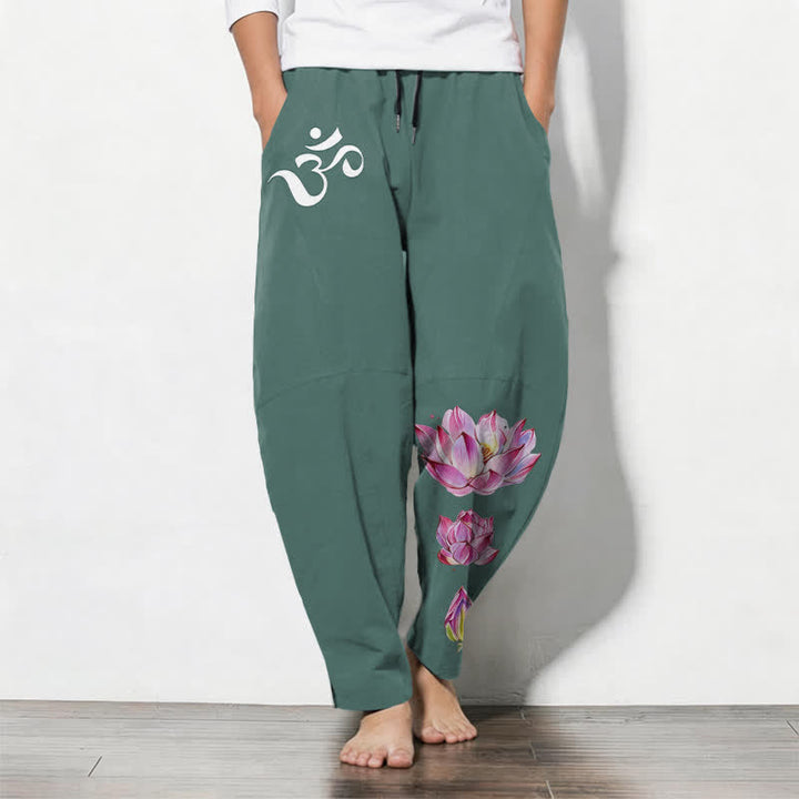 Buddha Stones Reine Baumwolle, rosa Lotus-Om-Muster, Kordelzug, schmal zulaufende Herrenhose mit Taschen - Türkis - US/ UK/AU50, EU60 (5XL) - image 7