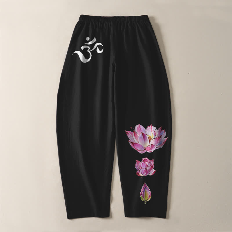 Buddha Stones Reine Baumwolle, rosa Lotus-Om-Muster, Kordelzug, schmal zulaufende Herrenhose mit Taschen - image 14