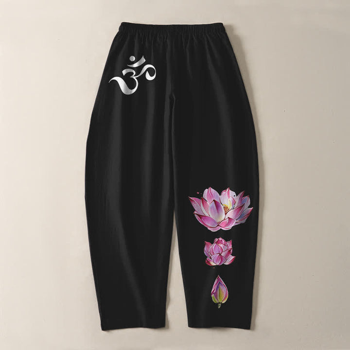 Buddha Stones Reine Baumwolle, rosa Lotus-Om-Muster, Kordelzug, schmal zulaufende Herrenhose mit Taschen - image 14