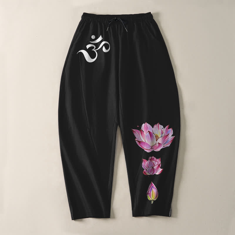 Buddha Stones Reine Baumwolle, rosa Lotus-Om-Muster, Kordelzug, schmal zulaufende Herrenhose mit Taschen - image 13