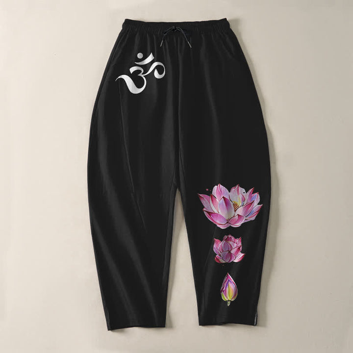 Buddha Stones Reine Baumwolle, rosa Lotus-Om-Muster, Kordelzug, schmal zulaufende Herrenhose mit Taschen - image 13