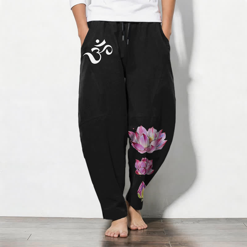 Buddha Stones Reine Baumwolle, rosa Lotus-Om-Muster, Kordelzug, schmal zulaufende Herrenhose mit Taschen - Schwarz - US/ UK/AU50, EU60 (5XL) - image 11