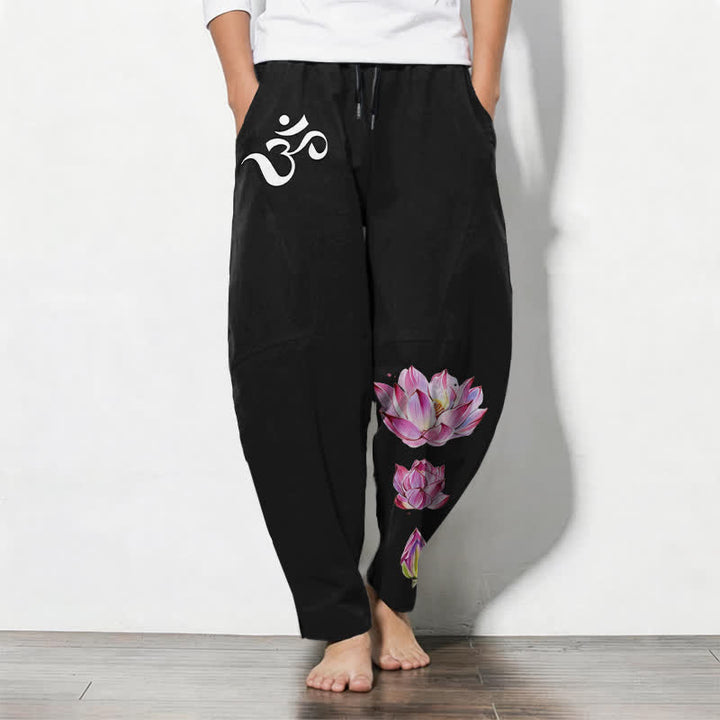 Buddha Stones Reine Baumwolle, rosa Lotus-Om-Muster, Kordelzug, schmal zulaufende Herrenhose mit Taschen - Schwarz - US/ UK/AU50, EU60 (5XL) - image 11