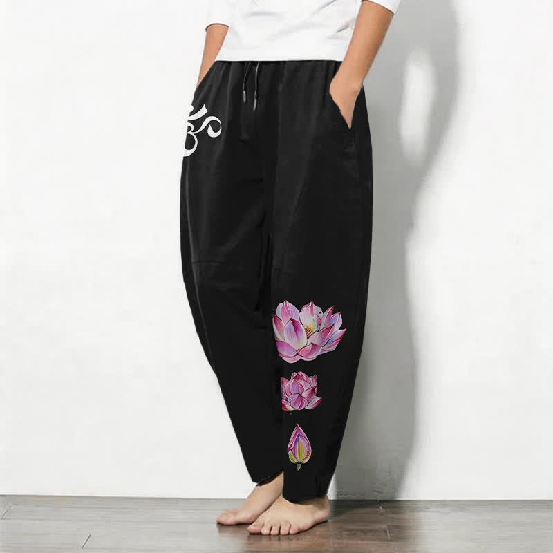 Buddha Stones Reine Baumwolle, rosa Lotus-Om-Muster, Kordelzug, schmal zulaufende Herrenhose mit Taschen - image 12