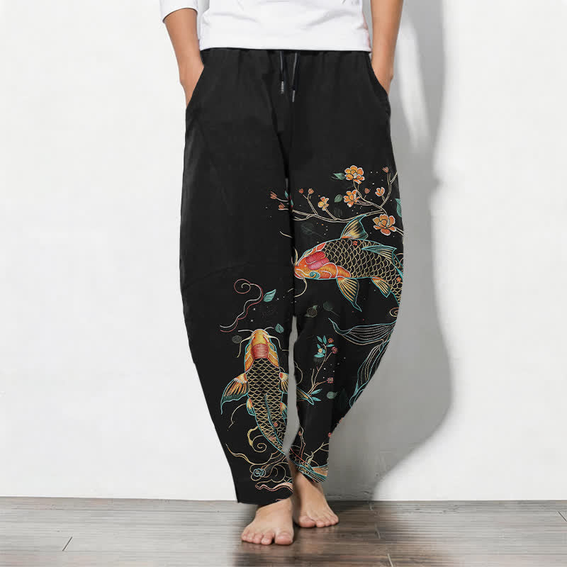Buddha Stones Herrenhose aus reiner Baumwolle mit Koi-Fisch- und Blumenmuster, Kordelzug, schmal zulaufendem Schnitt und Taschen - Schwarz - US/ UK/AU50, EU60 (5XL) - image 0