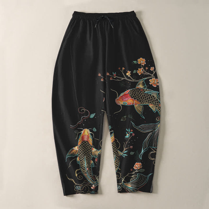 Buddha Stones Herrenhose aus reiner Baumwolle mit Koi-Fisch- und Blumenmuster, Kordelzug, schmal zulaufendem Schnitt und Taschen - image 2