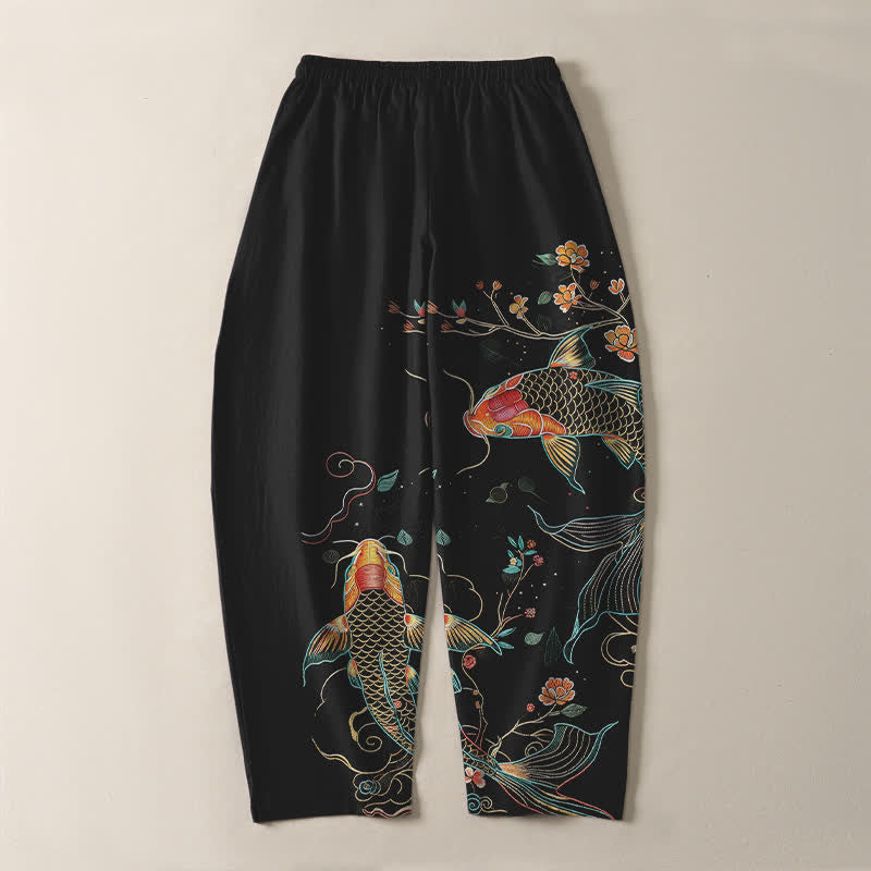 Buddha Stones Herrenhose aus reiner Baumwolle mit Koi-Fisch- und Blumenmuster, Kordelzug, schmal zulaufendem Schnitt und Taschen - image 3