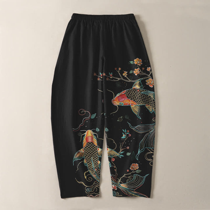Buddha Stones Herrenhose aus reiner Baumwolle mit Koi-Fisch- und Blumenmuster, Kordelzug, schmal zulaufendem Schnitt und Taschen - image 3