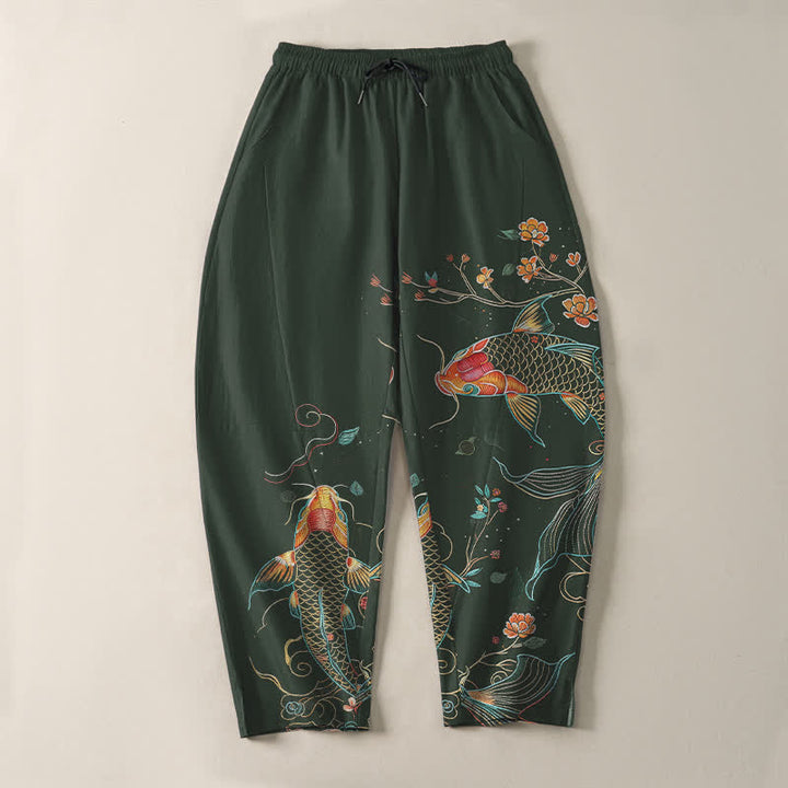 Buddha Stones Herrenhose aus reiner Baumwolle mit Koi-Fisch- und Blumenmuster, Kordelzug, schmal zulaufendem Schnitt und Taschen - image 9