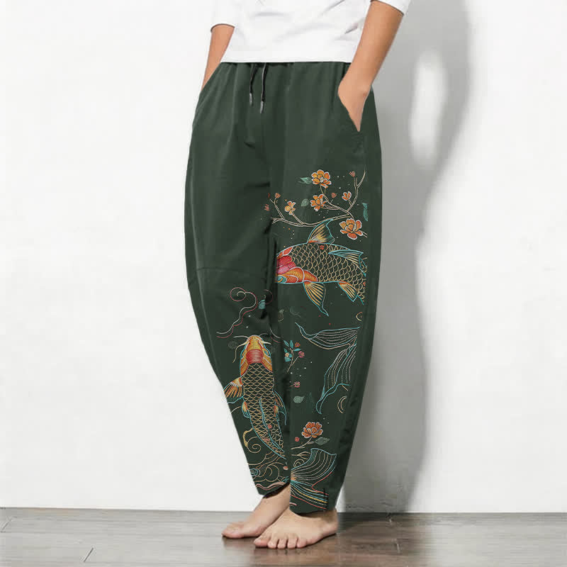 Buddha Stones Herrenhose aus reiner Baumwolle mit Koi-Fisch- und Blumenmuster, Kordelzug, schmal zulaufendem Schnitt und Taschen - image 8