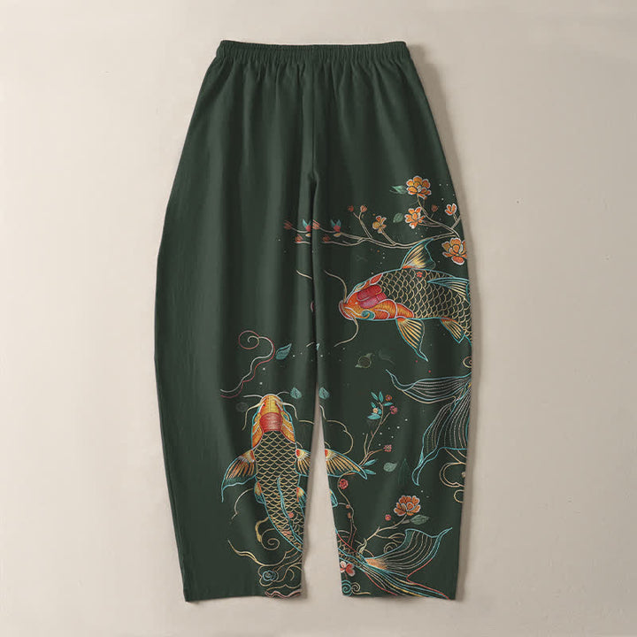 Buddha Stones Herrenhose aus reiner Baumwolle mit Koi-Fisch- und Blumenmuster, Kordelzug, schmal zulaufendem Schnitt und Taschen - image 10