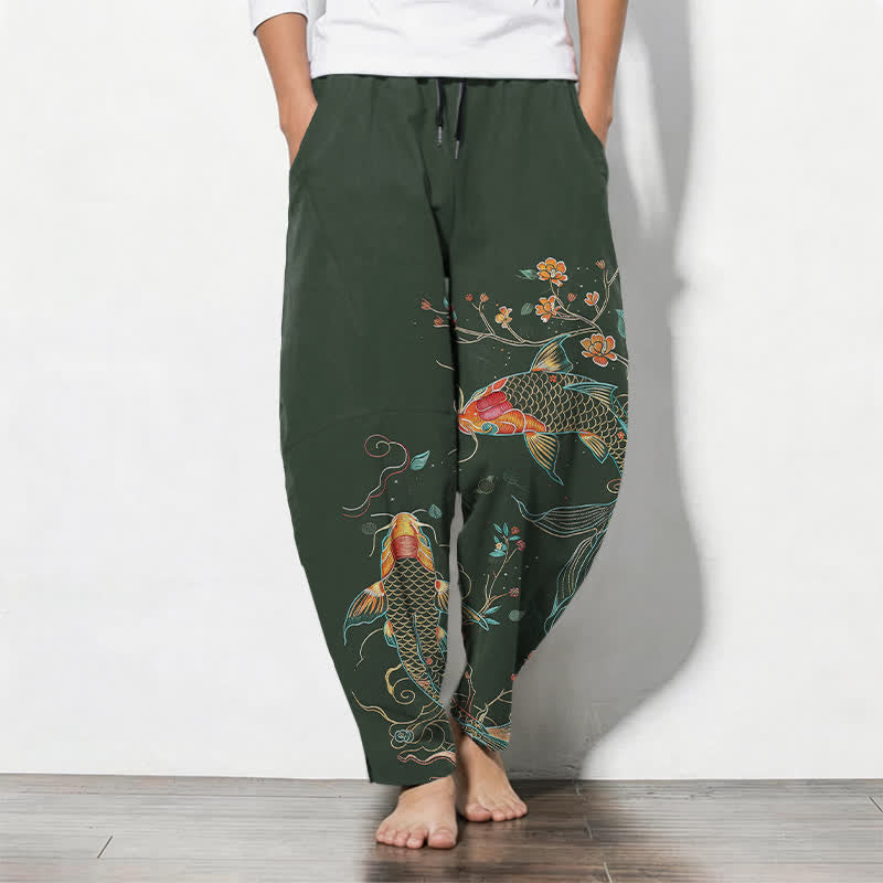 Buddha Stones Herrenhose aus reiner Baumwolle mit Koi-Fisch- und Blumenmuster, Kordelzug, schmal zulaufendem Schnitt und Taschen - Dunkelgrün - US/ UK/AU50, EU60 (5XL) - image 7