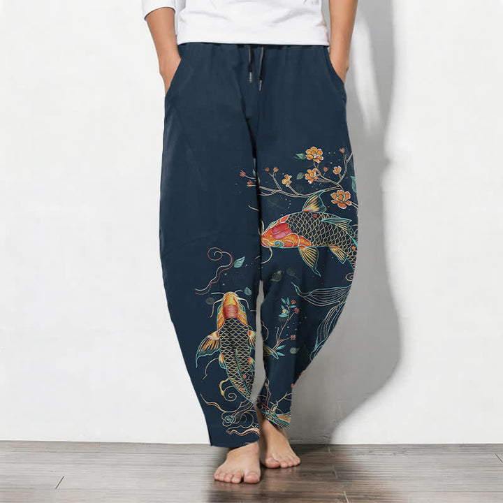 Buddha Stones Herrenhose aus reiner Baumwolle mit Koi-Fisch- und Blumenmuster, Kordelzug, schmal zulaufendem Schnitt und Taschen - Marine - US/ UK/AU50, EU60 (5XL) - image 11