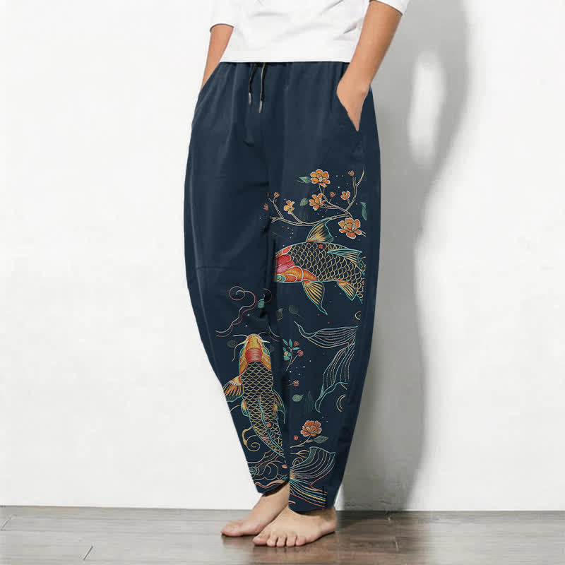 Buddha Stones Herrenhose aus reiner Baumwolle mit Koi-Fisch- und Blumenmuster, Kordelzug, schmal zulaufendem Schnitt und Taschen - image 12