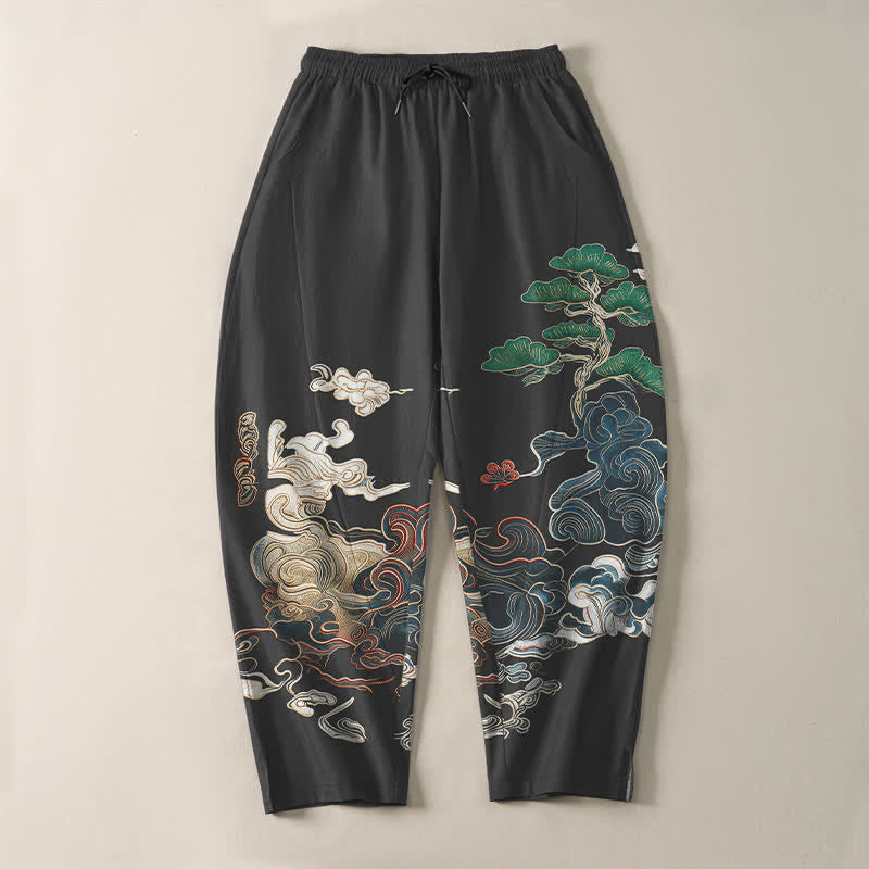 Buddha Stones Herrenhose aus reiner Baumwolle mit Wolken-, Kiefern- und Wellenmuster, Kordelzug, schmal zulaufender Schnitt und Taschen - image 2