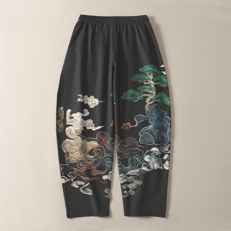 Buddha Stones Herrenhose aus reiner Baumwolle mit Wolken-, Kiefern- und Wellenmuster, Kordelzug, schmal zulaufender Schnitt und Taschen - image 3