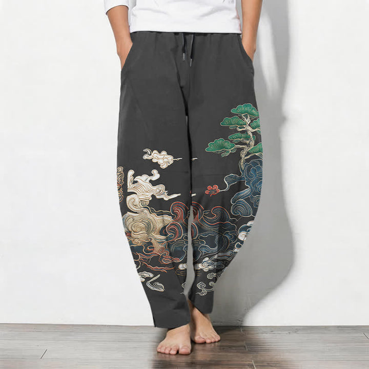 Buddha Stones Herrenhose aus reiner Baumwolle mit Wolken-, Kiefern- und Wellenmuster, Kordelzug, schmal zulaufender Schnitt und Taschen - DimGray - US/ UK/AU50, EU60 (5XL) - image 0