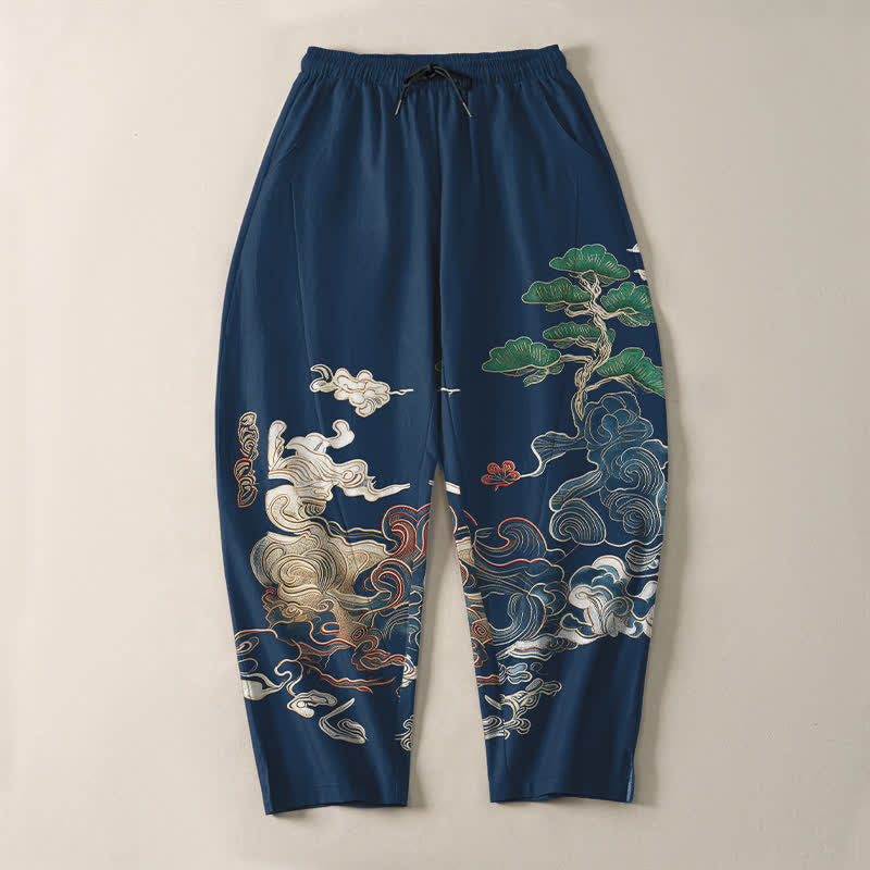 Buddha Stones Herrenhose aus reiner Baumwolle mit Wolken-, Kiefern- und Wellenmuster, Kordelzug, schmal zulaufender Schnitt und Taschen - image 9