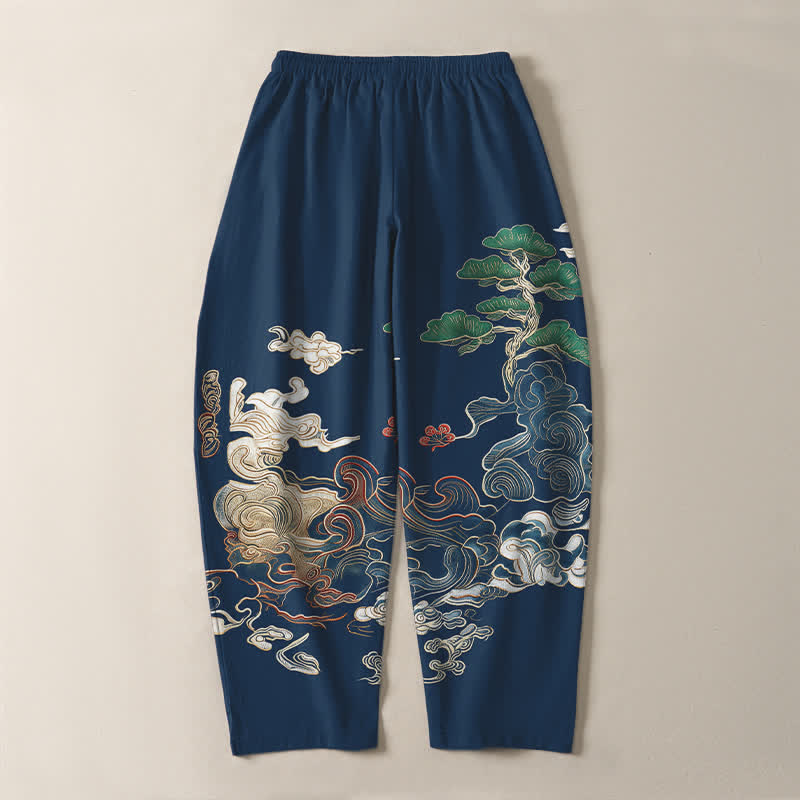 Buddha Stones Herrenhose aus reiner Baumwolle mit Wolken-, Kiefern- und Wellenmuster, Kordelzug, schmal zulaufender Schnitt und Taschen - image 10