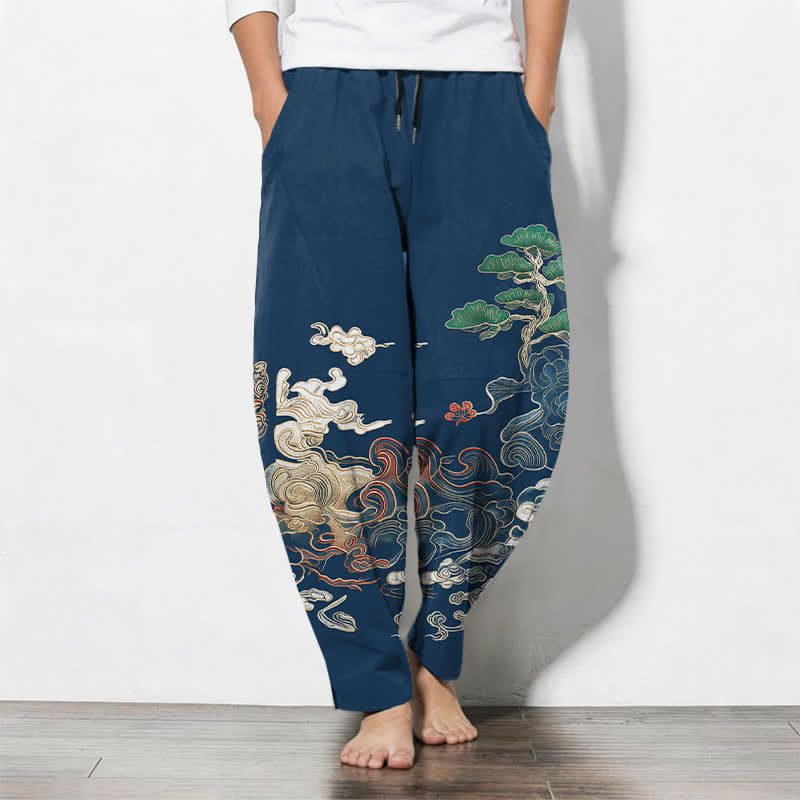 Buddha Stones Herrenhose aus reiner Baumwolle mit Wolken-, Kiefern- und Wellenmuster, Kordelzug, schmal zulaufender Schnitt und Taschen - Marine - US/ UK/AU50, EU60 (5XL) - image 7