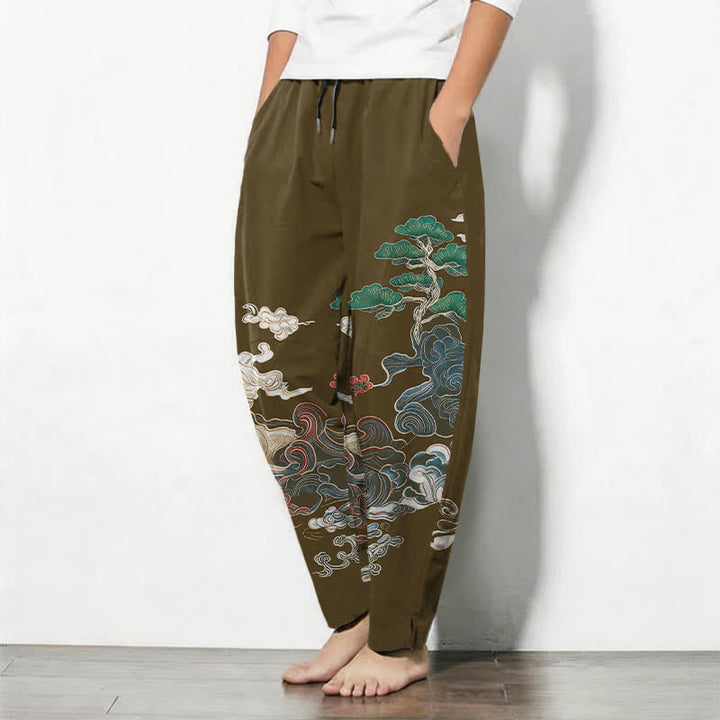 Buddha Stones Herrenhose aus reiner Baumwolle mit Wolken-, Kiefern- und Wellenmuster, Kordelzug, schmal zulaufender Schnitt und Taschen - image 12