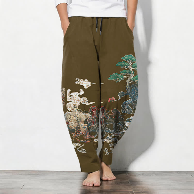 Buddha Stones Herrenhose aus reiner Baumwolle mit Wolken-, Kiefern- und Wellenmuster, Kordelzug, schmal zulaufender Schnitt und Taschen - Dunkelgoldenrod - US/ UK/AU50, EU60 (5XL) - image 11