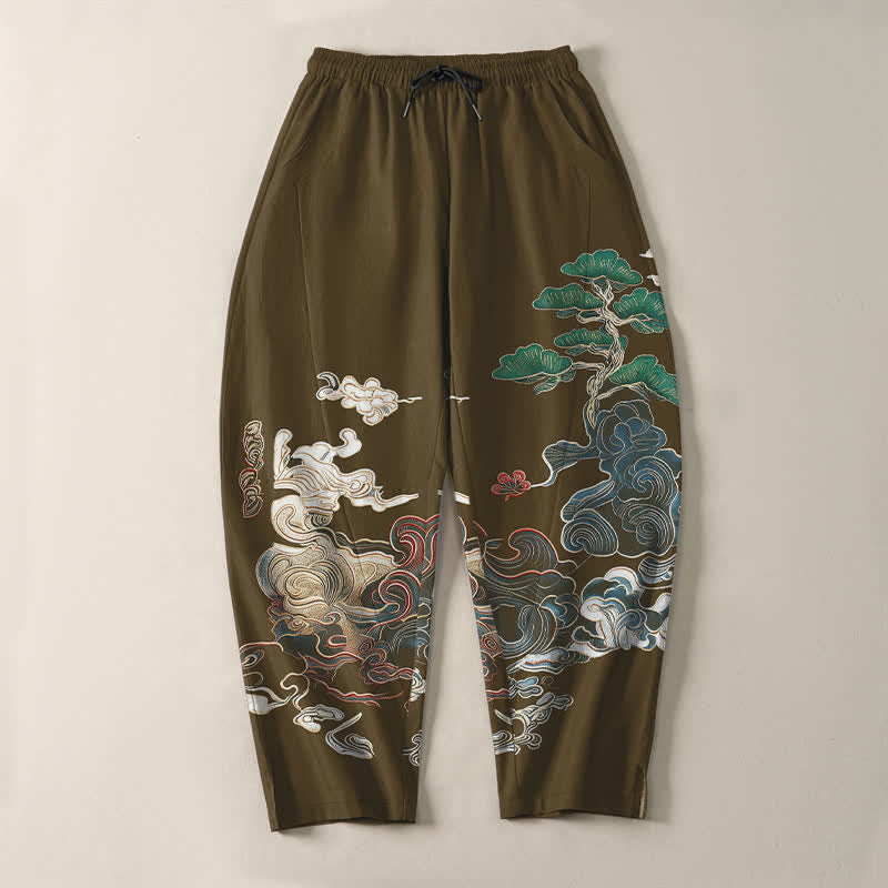 Buddha Stones Herrenhose aus reiner Baumwolle mit Wolken-, Kiefern- und Wellenmuster, Kordelzug, schmal zulaufender Schnitt und Taschen - image 13