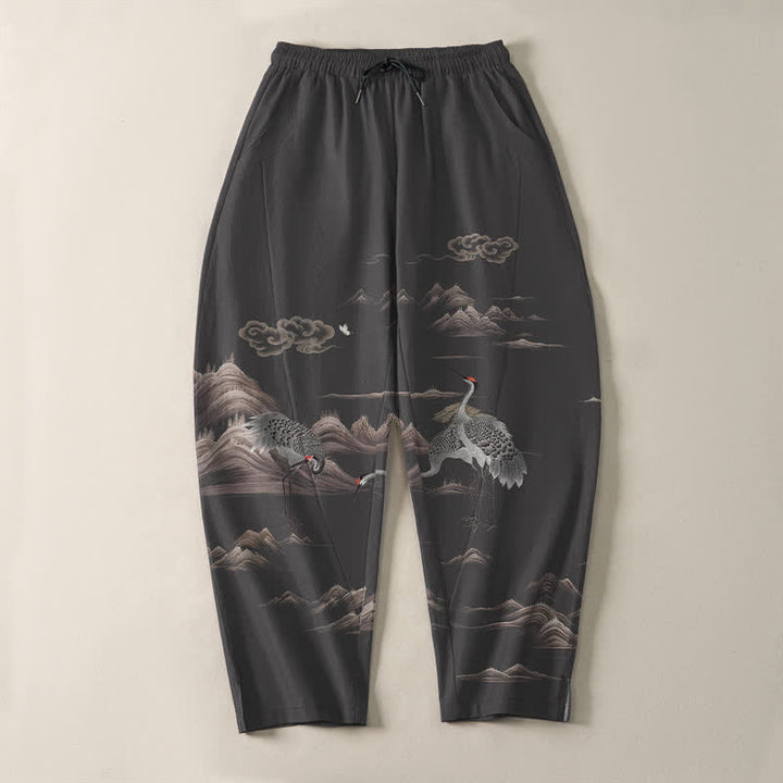 Buddha Stones Herrenhose aus reiner Baumwolle mit Kranich-, Wolken- und Bergmuster, Kordelzug, schmal zulaufendem Bein und Taschen - image 2