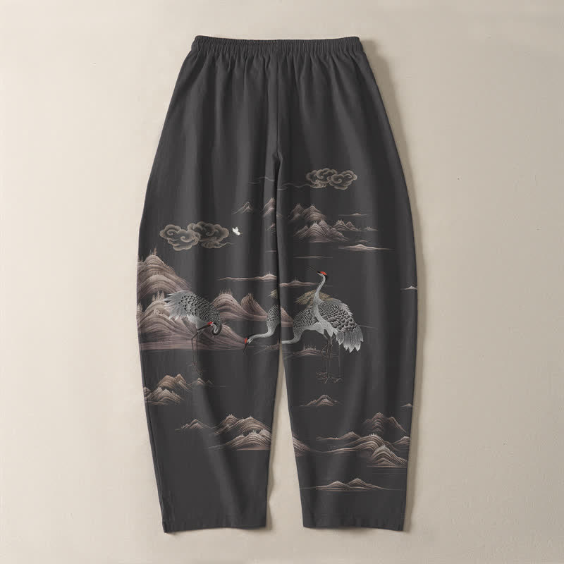 Buddha Stones Herrenhose aus reiner Baumwolle mit Kranich-, Wolken- und Bergmuster, Kordelzug, schmal zulaufendem Bein und Taschen - image 3