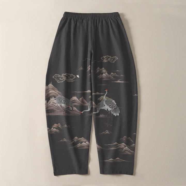 Buddha Stones Herrenhose aus reiner Baumwolle mit Kranich-, Wolken- und Bergmuster, Kordelzug, schmal zulaufendem Bein und Taschen - image 3