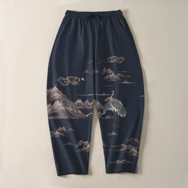 Buddha Stones Herrenhose aus reiner Baumwolle mit Kranich-, Wolken- und Bergmuster, Kordelzug, schmal zulaufendem Bein und Taschen - image 9