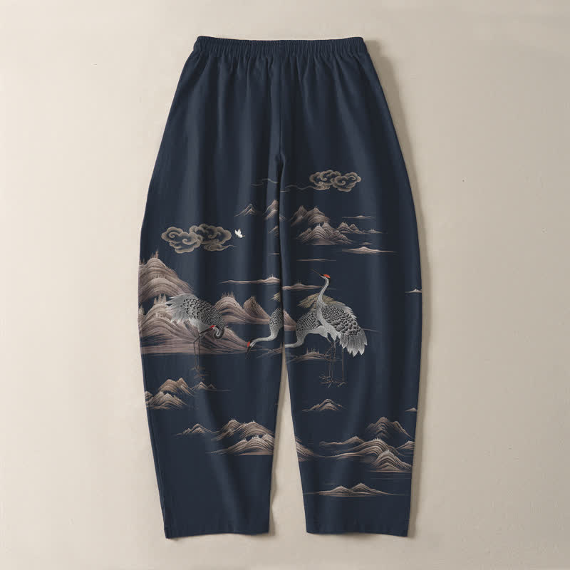 Buddha Stones Herrenhose aus reiner Baumwolle mit Kranich-, Wolken- und Bergmuster, Kordelzug, schmal zulaufendem Bein und Taschen - image 10