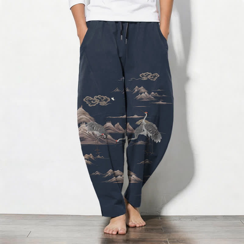 Buddha Stones Herrenhose aus reiner Baumwolle mit Kranich-, Wolken- und Bergmuster, Kordelzug, schmal zulaufendem Bein und Taschen - Mitternachtsblau - US/ UK/AU50, EU60 (5XL) - image 7