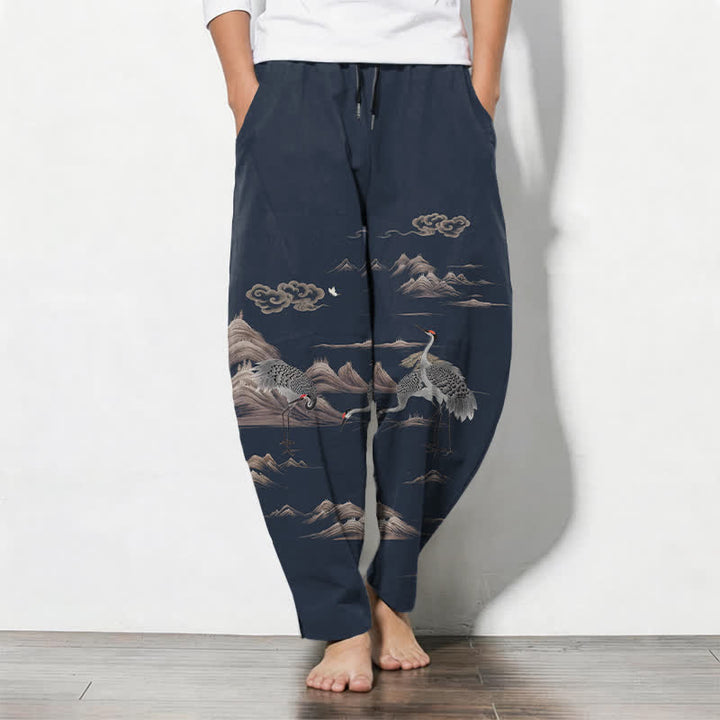 Buddha Stones Herrenhose aus reiner Baumwolle mit Kranich-, Wolken- und Bergmuster, Kordelzug, schmal zulaufendem Bein und Taschen - Mitternachtsblau - US/ UK/AU50, EU60 (5XL) - image 7