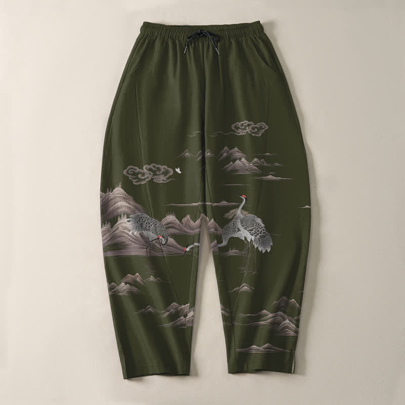 Buddha Stones Herrenhose aus reiner Baumwolle mit Kranich-, Wolken- und Bergmuster, Kordelzug, schmal zulaufendem Bein und Taschen - image 13