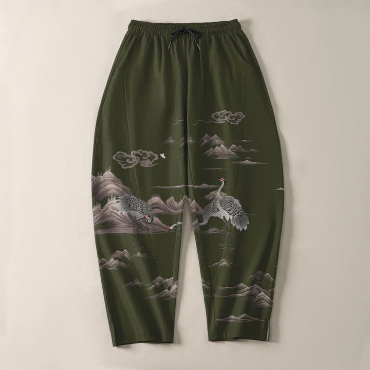 Buddha Stones Herrenhose aus reiner Baumwolle mit Kranich-, Wolken- und Bergmuster, Kordelzug, schmal zulaufendem Bein und Taschen - image 13