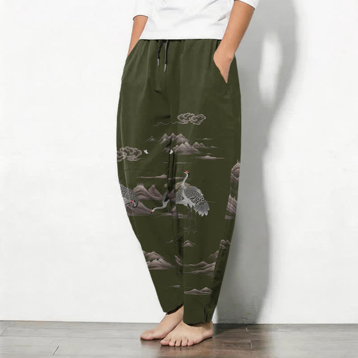 Buddha Stones Herrenhose aus reiner Baumwolle mit Kranich-, Wolken- und Bergmuster, Kordelzug, schmal zulaufendem Bein und Taschen - image 12