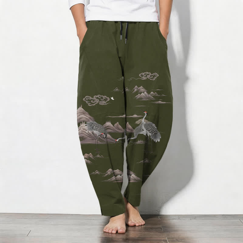Buddha Stones Herrenhose aus reiner Baumwolle mit Kranich-, Wolken- und Bergmuster, Kordelzug, schmal zulaufendem Bein und Taschen - Dunkelolivgrün - US/ UK/AU50, EU60 (5XL) - image 11