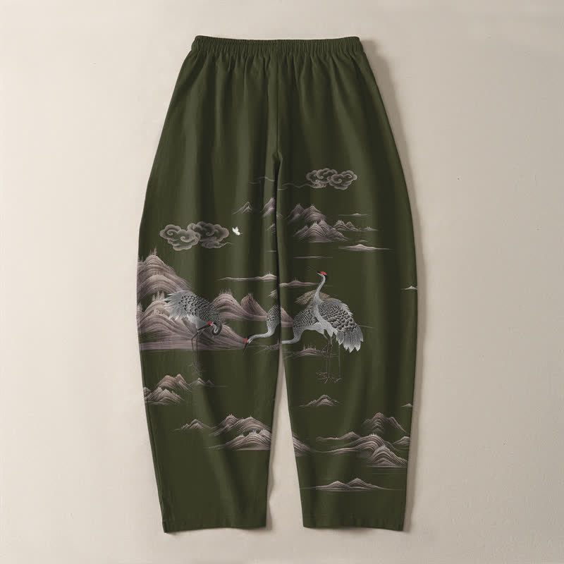 Buddha Stones Herrenhose aus reiner Baumwolle mit Kranich-, Wolken- und Bergmuster, Kordelzug, schmal zulaufendem Bein und Taschen - image 14