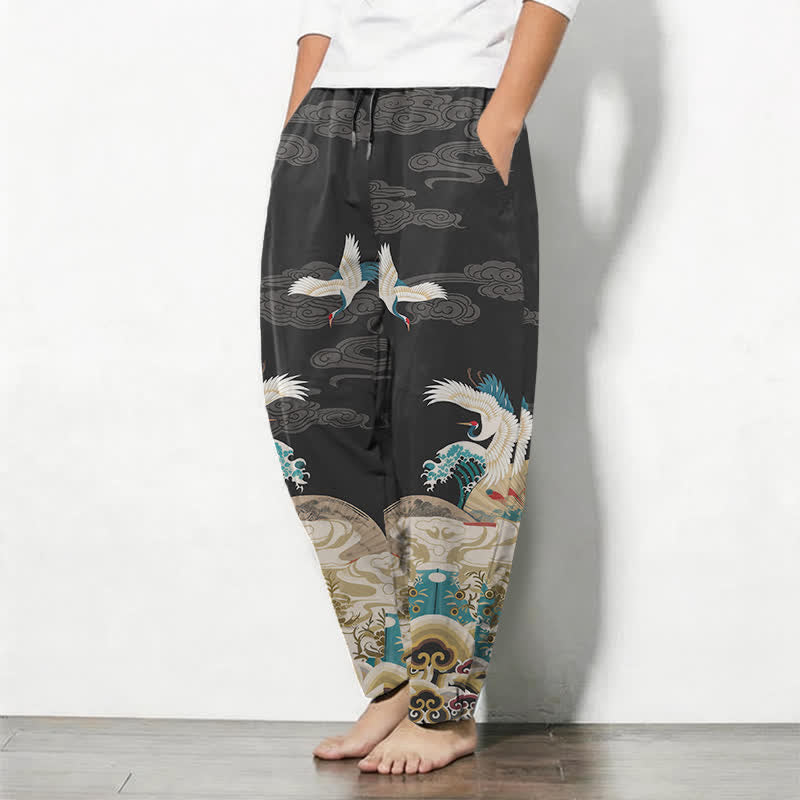 Buddha Stones Herrenhose aus reiner Baumwolle mit Kranich-, Wellen- und Wolkenmuster, Kordelzug, schmal zulaufendem Bein und Taschen - image 8