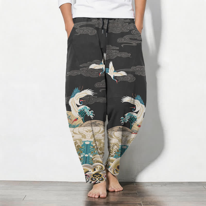 Buddha Stones Herrenhose aus reiner Baumwolle mit Kranich-, Wellen- und Wolkenmuster, Kordelzug, schmal zulaufendem Bein und Taschen - DimGray - US/ UK/AU50, EU60 (5XL) - image 7