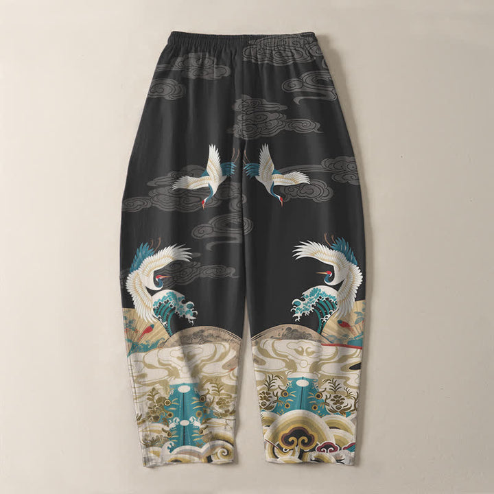 Buddha Stones Herrenhose aus reiner Baumwolle mit Kranich-, Wellen- und Wolkenmuster, Kordelzug, schmal zulaufendem Bein und Taschen - image 10