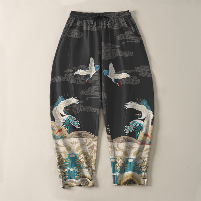 Buddha Stones Herrenhose aus reiner Baumwolle mit Kranich-, Wellen- und Wolkenmuster, Kordelzug, schmal zulaufendem Bein und Taschen - image 9