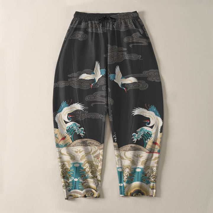 Buddha Stones Herrenhose aus reiner Baumwolle mit Kranich-, Wellen- und Wolkenmuster, Kordelzug, schmal zulaufendem Bein und Taschen - image 9