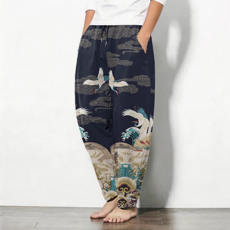 Buddha Stones Herrenhose aus reiner Baumwolle mit Kranich-, Wellen- und Wolkenmuster, Kordelzug, schmal zulaufendem Bein und Taschen - image 1