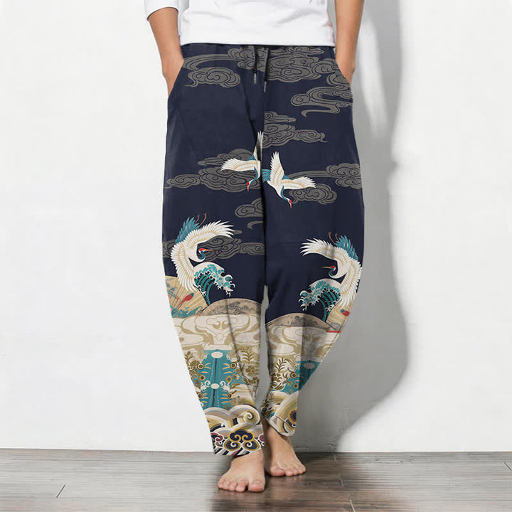 Buddha Stones Herrenhose aus reiner Baumwolle mit Kranich-, Wellen- und Wolkenmuster, Kordelzug, schmal zulaufendem Bein und Taschen - Marine - US/ UK/AU50, EU60 (5XL) - image 0
